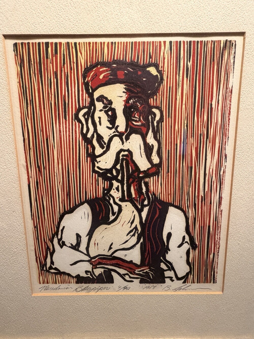 Vintage 1968 B Solomon Signed Woodcut Print Macedonian Bagpiper Framed 4/90